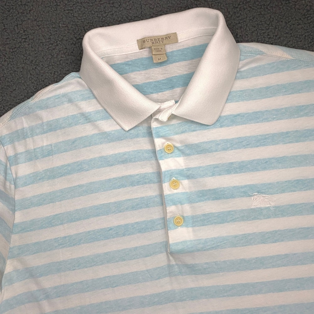 Burberry Brit Polo Shirt Mens Medium Blue White Stripe Short Sleeve Cotton Logo